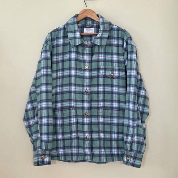 American Eagle Shacket Womens XL Plaid Fleece LS Wool Blend Pockets Buttons Boho - Picture 15 of 16